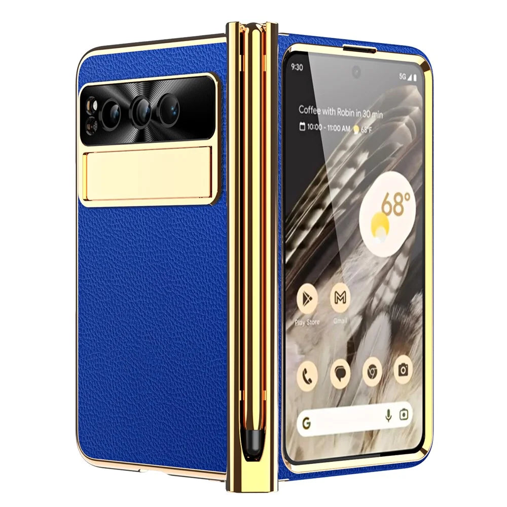 For Google Pixel Fold PU Leather+PC Kickstand Phone Case Magnetic Folding Hinge  Litchi Texture Cover with Tempered Glass Screen Film+Stylus - Dark Blue - 1