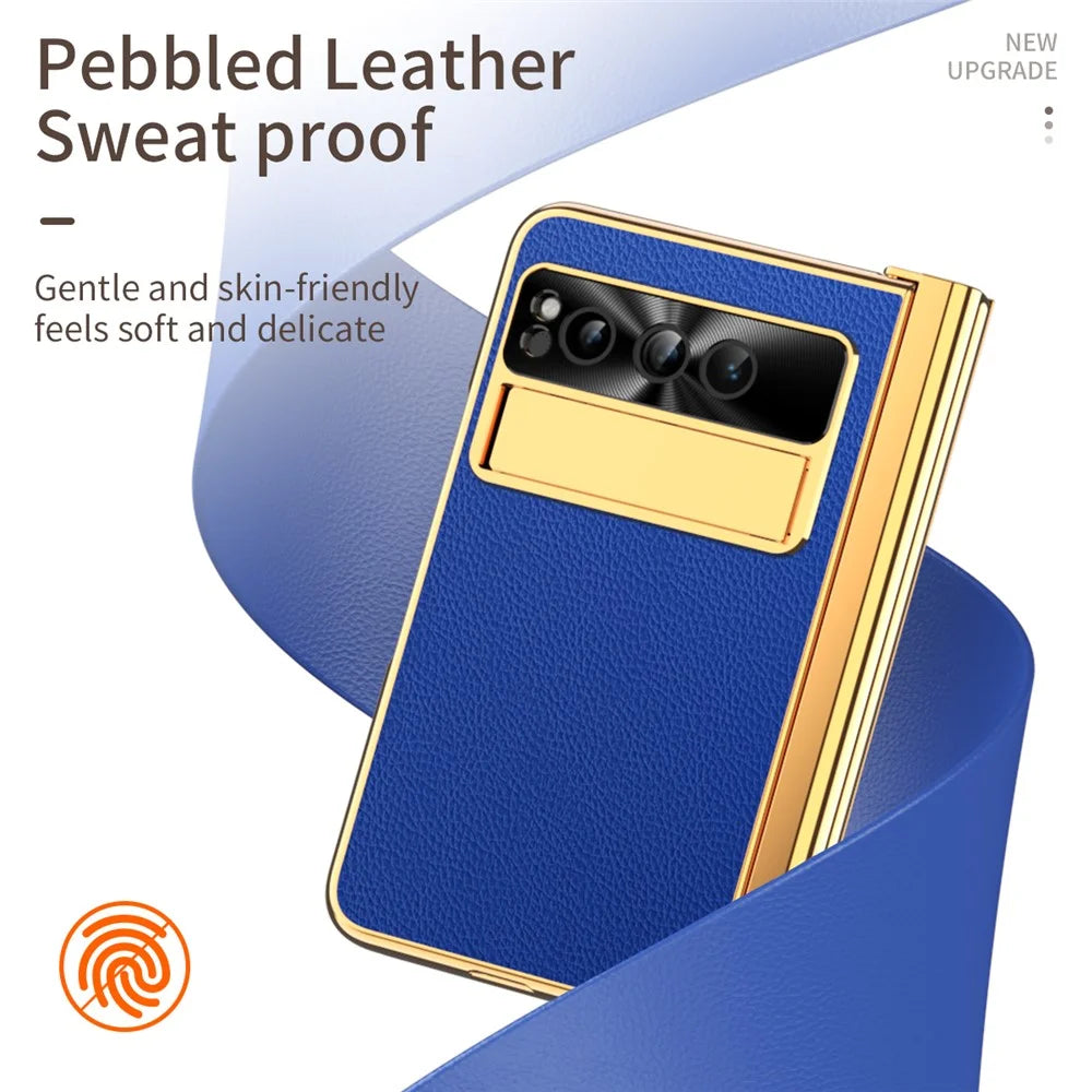 For Google Pixel Fold PU Leather+PC Kickstand Phone Case Magnetic Folding Hinge  Litchi Texture Cover with Tempered Glass Screen Film+Stylus - Dark Blue - 2