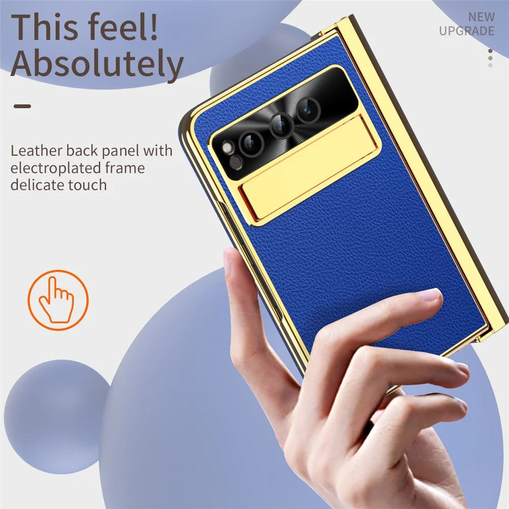 For Google Pixel Fold PU Leather+PC Kickstand Phone Case Magnetic Folding Hinge  Litchi Texture Cover with Tempered Glass Screen Film+Stylus - Dark Blue - 3