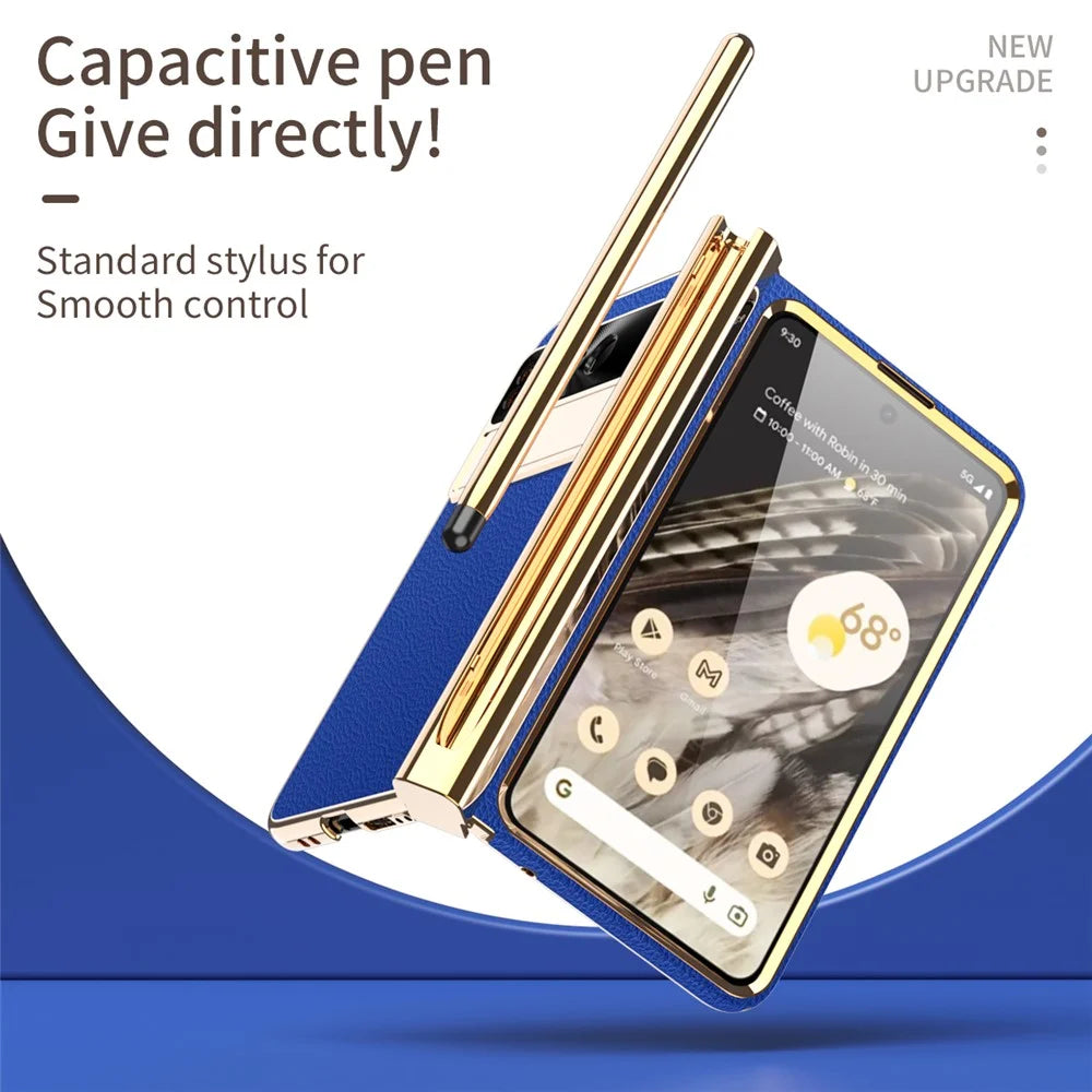 For Google Pixel Fold PU Leather+PC Kickstand Phone Case Magnetic Folding Hinge  Litchi Texture Cover with Tempered Glass Screen Film+Stylus - Dark Blue - 4
