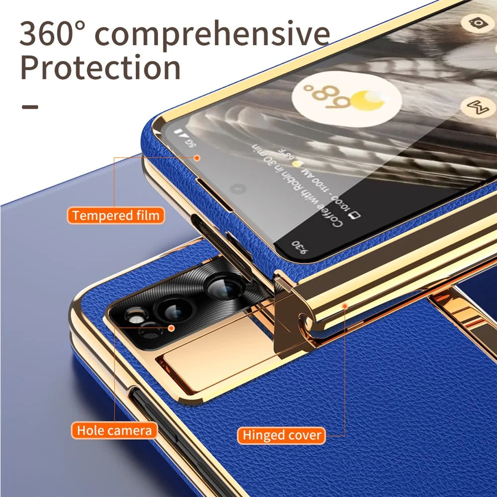For Google Pixel Fold PU Leather+PC Kickstand Phone Case Magnetic Folding Hinge  Litchi Texture Cover with Tempered Glass Screen Film+Stylus - Dark Blue - 5