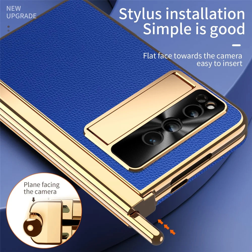For Google Pixel Fold PU Leather+PC Kickstand Phone Case Magnetic Folding Hinge  Litchi Texture Cover with Tempered Glass Screen Film+Stylus - Dark Blue - 6
