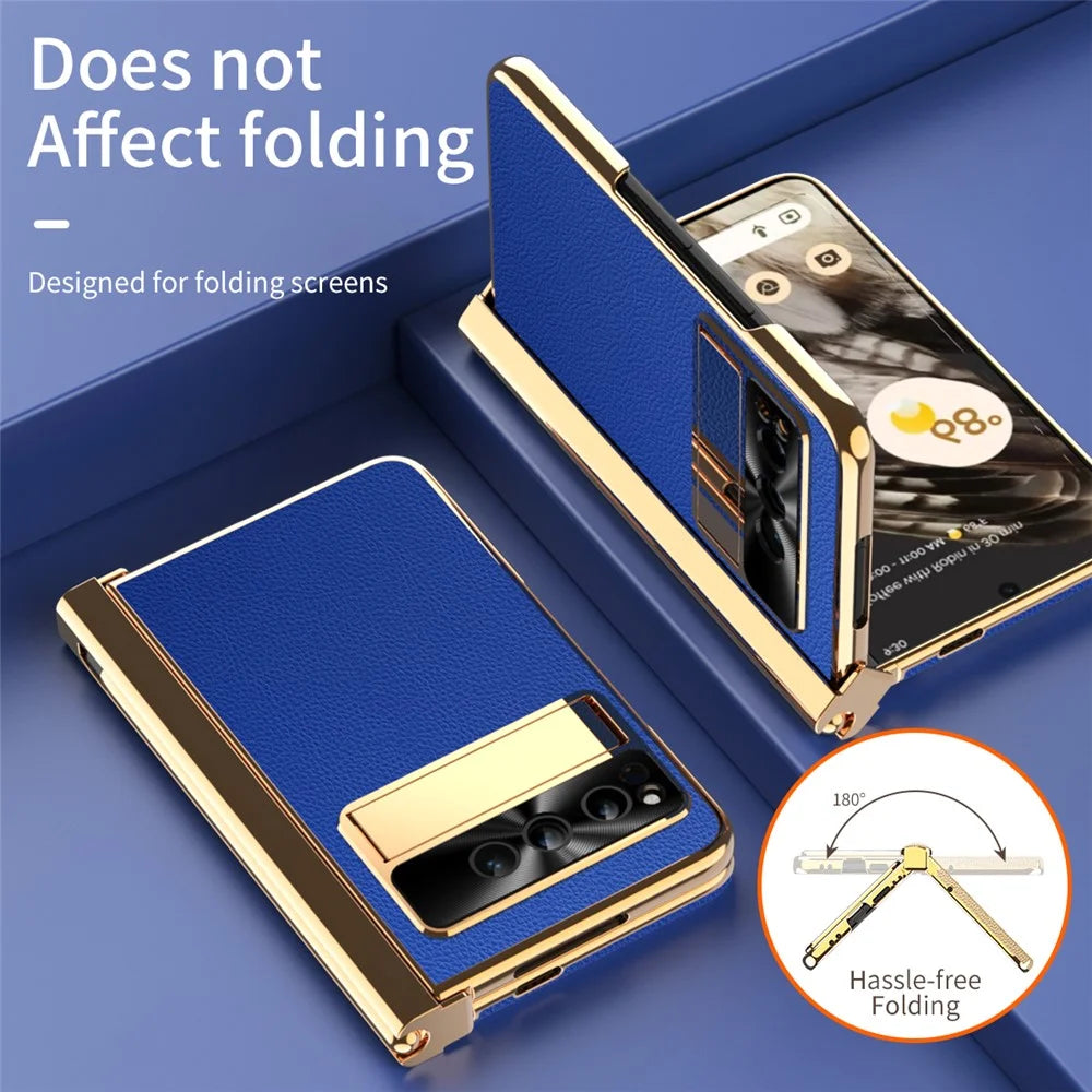 For Google Pixel Fold PU Leather+PC Kickstand Phone Case Magnetic Folding Hinge  Litchi Texture Cover with Tempered Glass Screen Film+Stylus - Dark Blue - 7