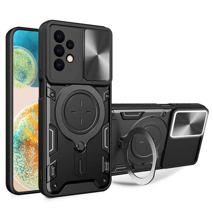 For Samsung Galaxy A23 4G / A23 5G (Global Version) Slide Camera Lid Drop-proof Case Rotating Kickstand PC+TPU Phone Cover - Black - 1