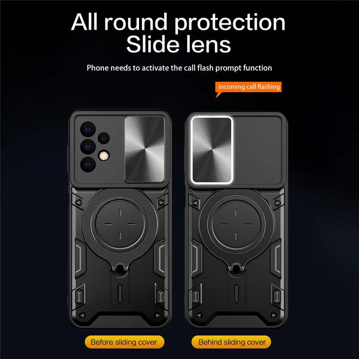 For Samsung Galaxy A23 4G / A23 5G (Global Version) Slide Camera Lid Drop-proof Case Rotating Kickstand PC+TPU Phone Cover - Black - 2