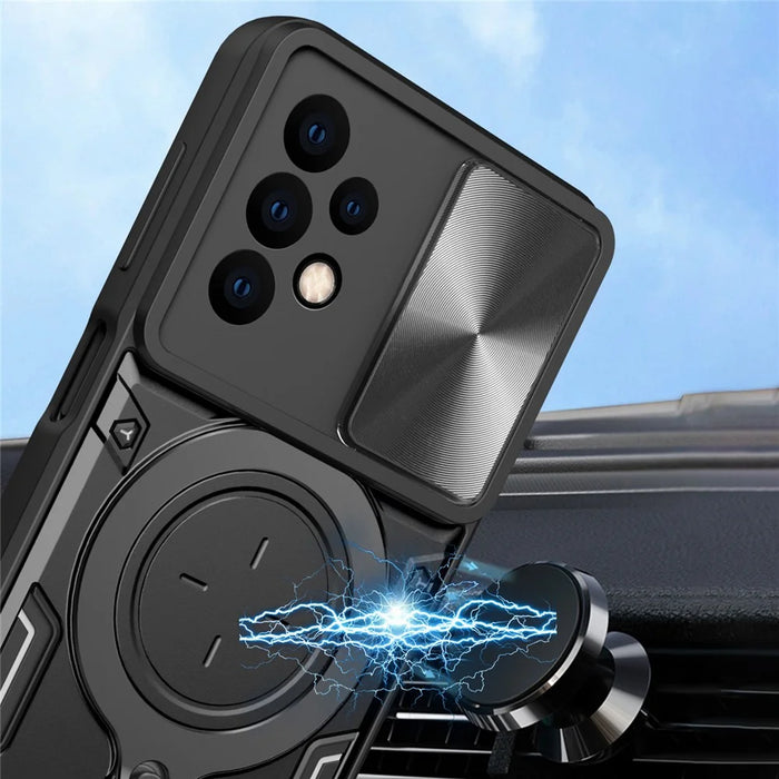 For Samsung Galaxy A23 4G / A23 5G (Global Version) Slide Camera Lid Drop-proof Case Rotating Kickstand PC+TPU Phone Cover - Black - 3