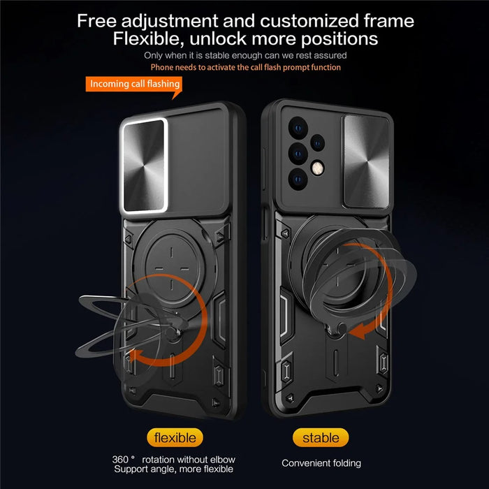 For Samsung Galaxy A23 4G / A23 5G (Global Version) Slide Camera Lid Drop-proof Case Rotating Kickstand PC+TPU Phone Cover - Black - 4