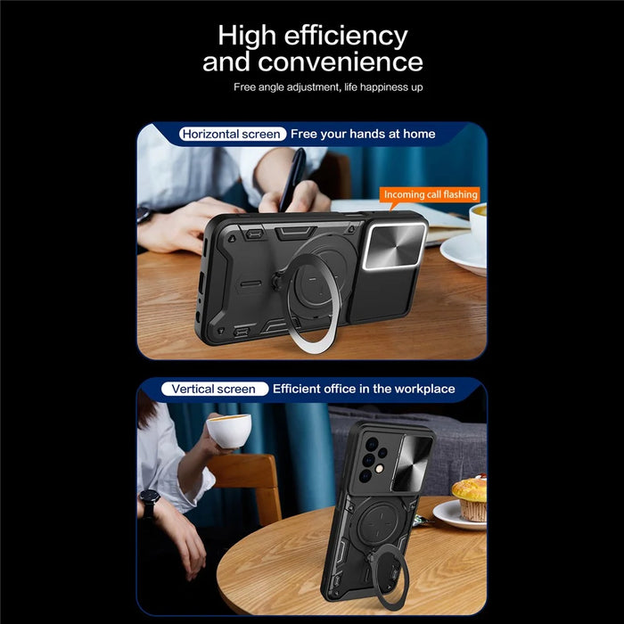 For Samsung Galaxy A23 4G / A23 5G (Global Version) Slide Camera Lid Drop-proof Case Rotating Kickstand PC+TPU Phone Cover - Black - 5