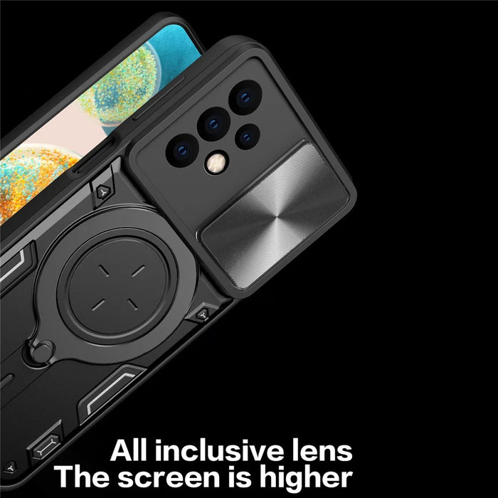 For Samsung Galaxy A23 4G / A23 5G (Global Version) Slide Camera Lid Drop-proof Case Rotating Kickstand PC+TPU Phone Cover - Black - 7