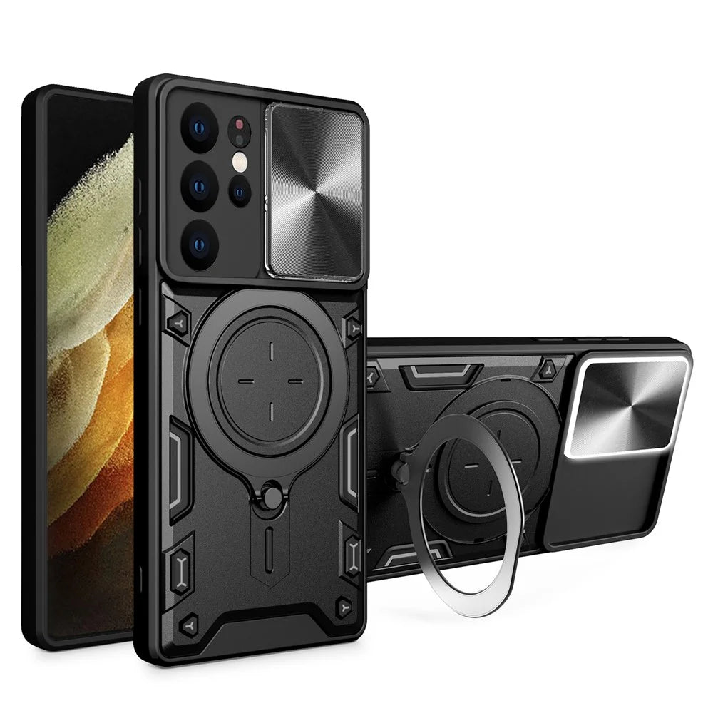 For Samsung Galaxy S21 Ultra 5G Rotatable Kickstand PC+TPU Phone Case Slide Camera Lid Shockproof Cover - Black - 1