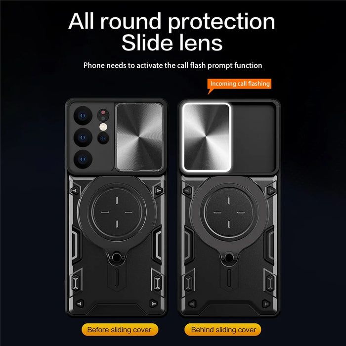 For Samsung Galaxy S21 Ultra 5G Rotatable Kickstand PC+TPU Phone Case Slide Camera Lid Shockproof Cover - Black - 2
