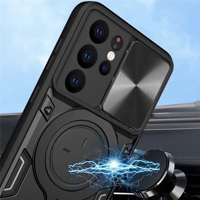 For Samsung Galaxy S21 Ultra 5G Rotatable Kickstand PC+TPU Phone Case Slide Camera Lid Shockproof Cover - Black - 3