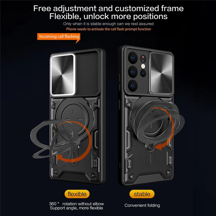 For Samsung Galaxy S21 Ultra 5G Rotatable Kickstand PC+TPU Phone Case Slide Camera Lid Shockproof Cover - Black - 4
