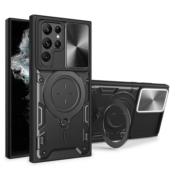 For Samsung Galaxy S22 Ultra 5G Rotatable Kickstand Phone Case Shockproof PC+TPU Cover with Slide Camera Lid - Black - 1