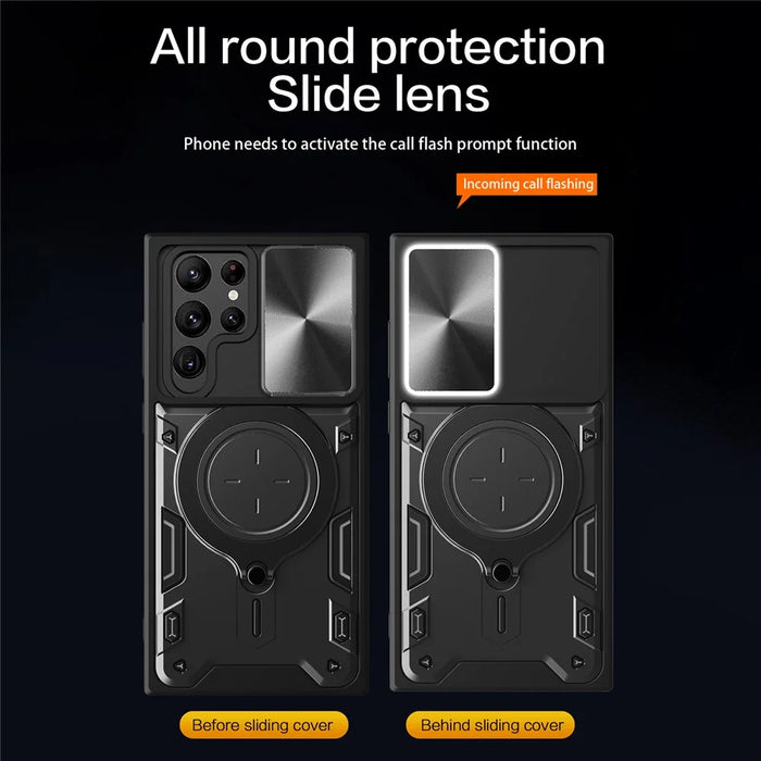 For Samsung Galaxy S22 Ultra 5G Rotatable Kickstand Phone Case Shockproof PC+TPU Cover with Slide Camera Lid - Black - 2