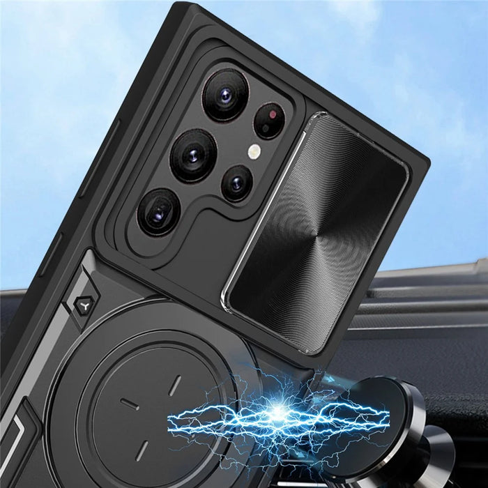 For Samsung Galaxy S22 Ultra 5G Rotatable Kickstand Phone Case Shockproof PC+TPU Cover with Slide Camera Lid - Black - 3