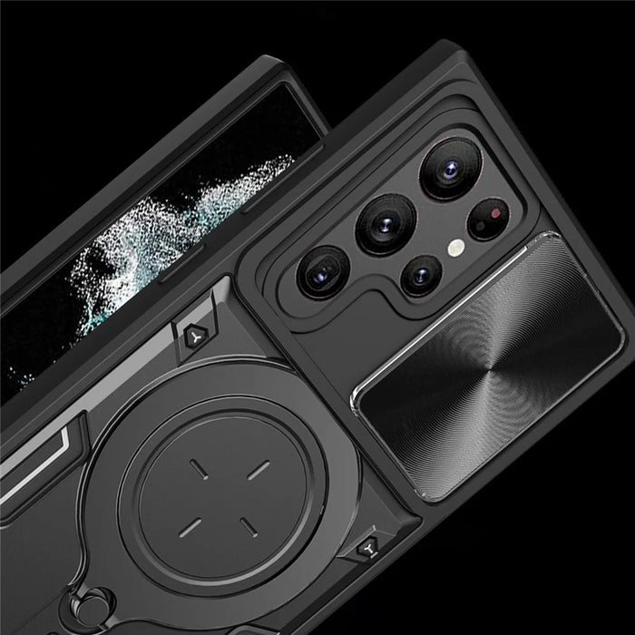 For Samsung Galaxy S22 Ultra 5G Rotatable Kickstand Phone Case Shockproof PC+TPU Cover with Slide Camera Lid - Black - 7