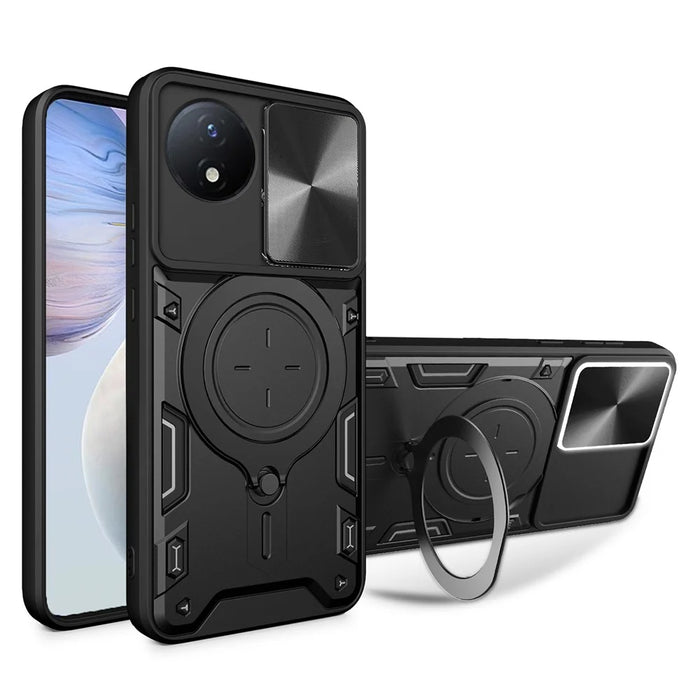 For vivo Y02 4G Rotatable Kickstand Slide Camera Lid Cover PC+TPU Shockproof Phone Case - Black - 1