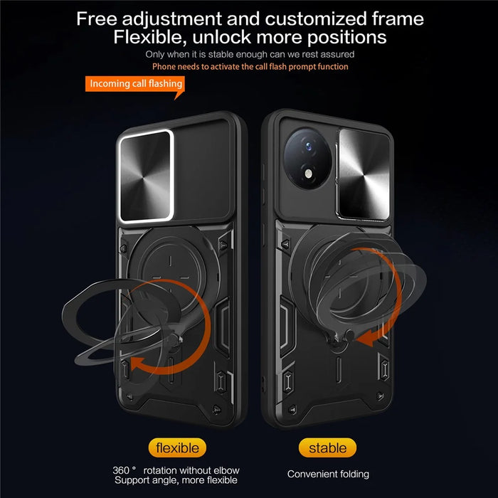 For vivo Y02 4G Rotatable Kickstand Slide Camera Lid Cover PC+TPU Shockproof Phone Case - Black - 3