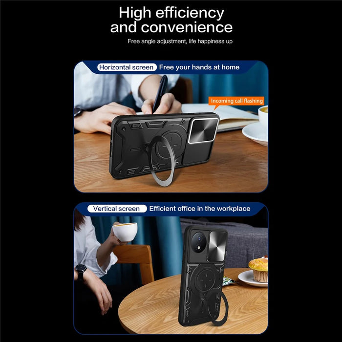 For vivo Y02 4G Rotatable Kickstand Slide Camera Lid Cover PC+TPU Shockproof Phone Case - Black - 4