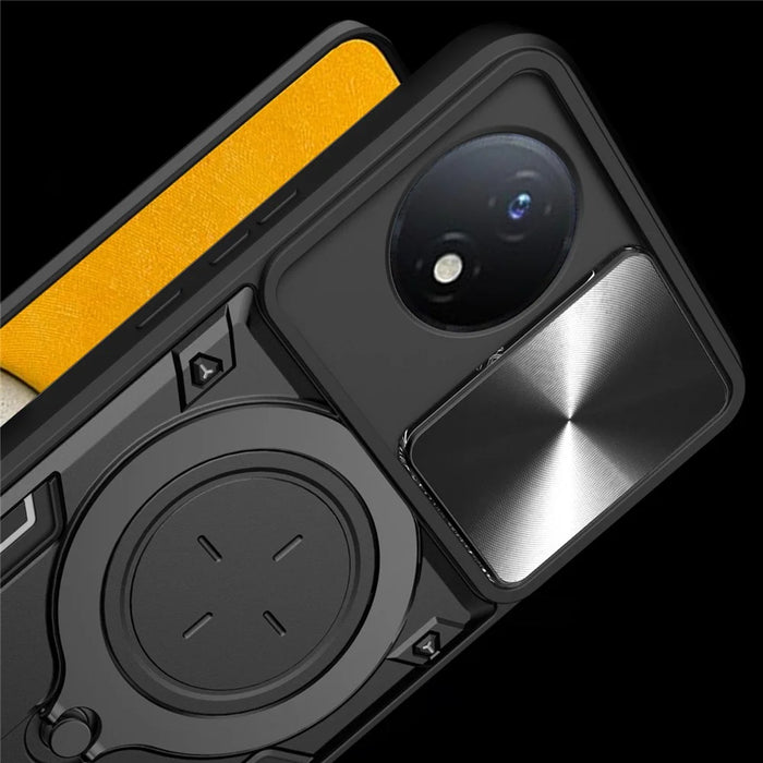 For vivo Y02 4G Rotatable Kickstand Slide Camera Lid Cover PC+TPU Shockproof Phone Case - Black - 6