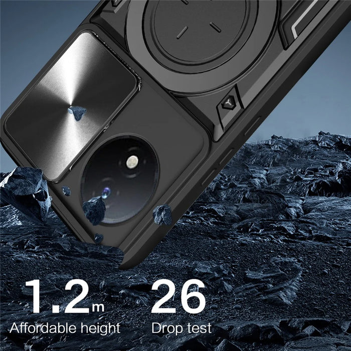 For vivo Y02 4G Rotatable Kickstand Slide Camera Lid Cover PC+TPU Shockproof Phone Case - Black - 7