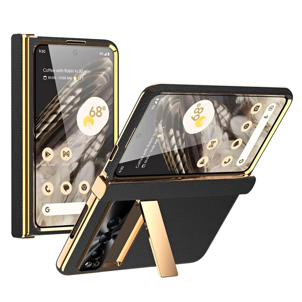For Google Pixel Fold Litchi Texture Kickstand Phone Cover PU Leather+PC Magnetic Hinge Protection Case with Tempered Glass Screen Film - Black - 1