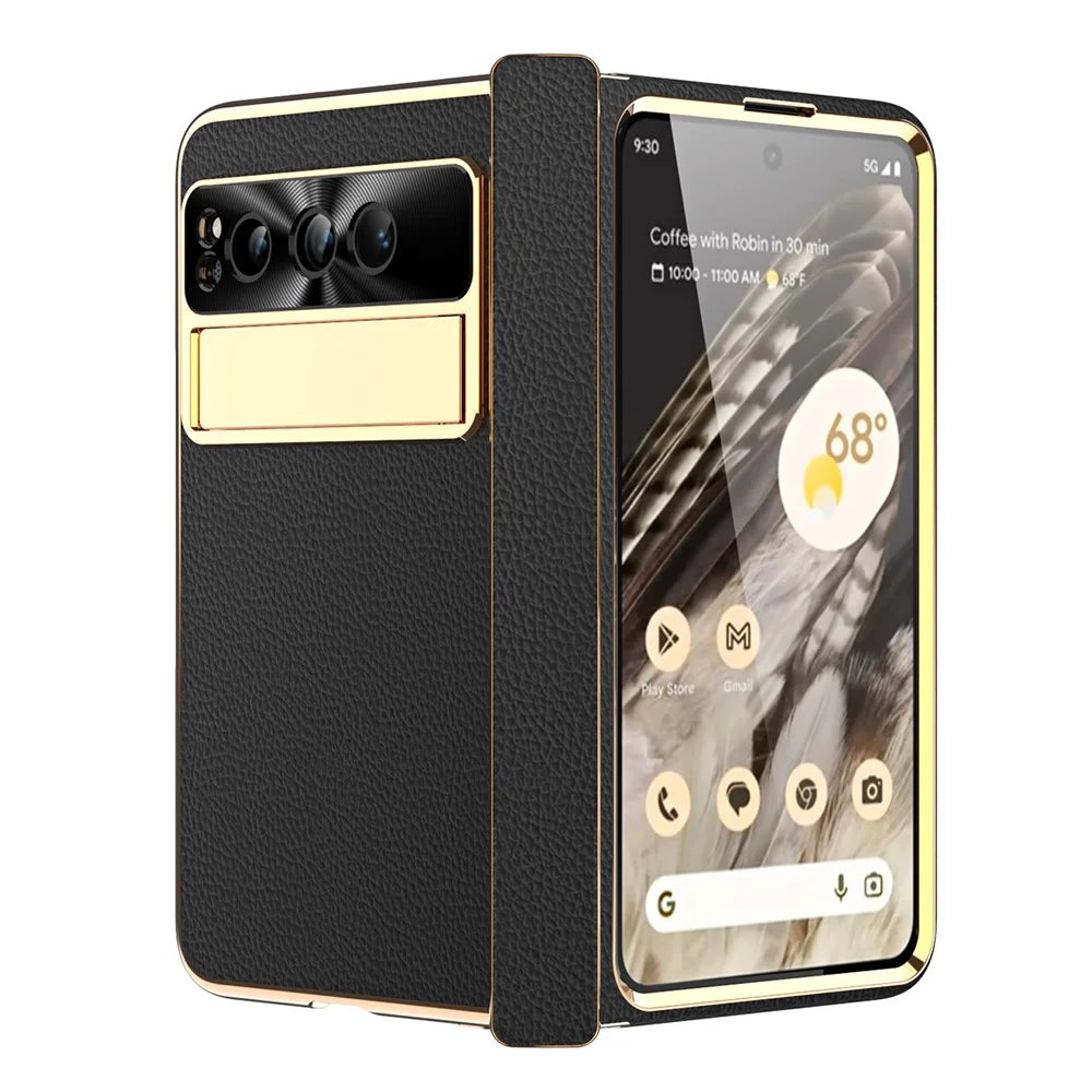 For Google Pixel Fold Litchi Texture Kickstand Phone Cover PU Leather+PC Magnetic Hinge Protection Case with Tempered Glass Screen Film - Black - 2