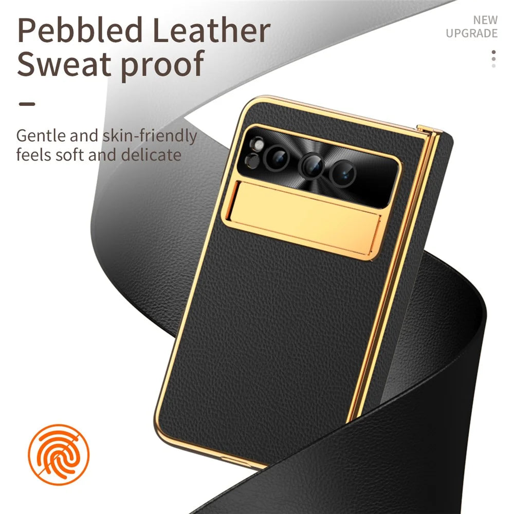 For Google Pixel Fold Litchi Texture Kickstand Phone Cover PU Leather+PC Magnetic Hinge Protection Case with Tempered Glass Screen Film - Black - 3