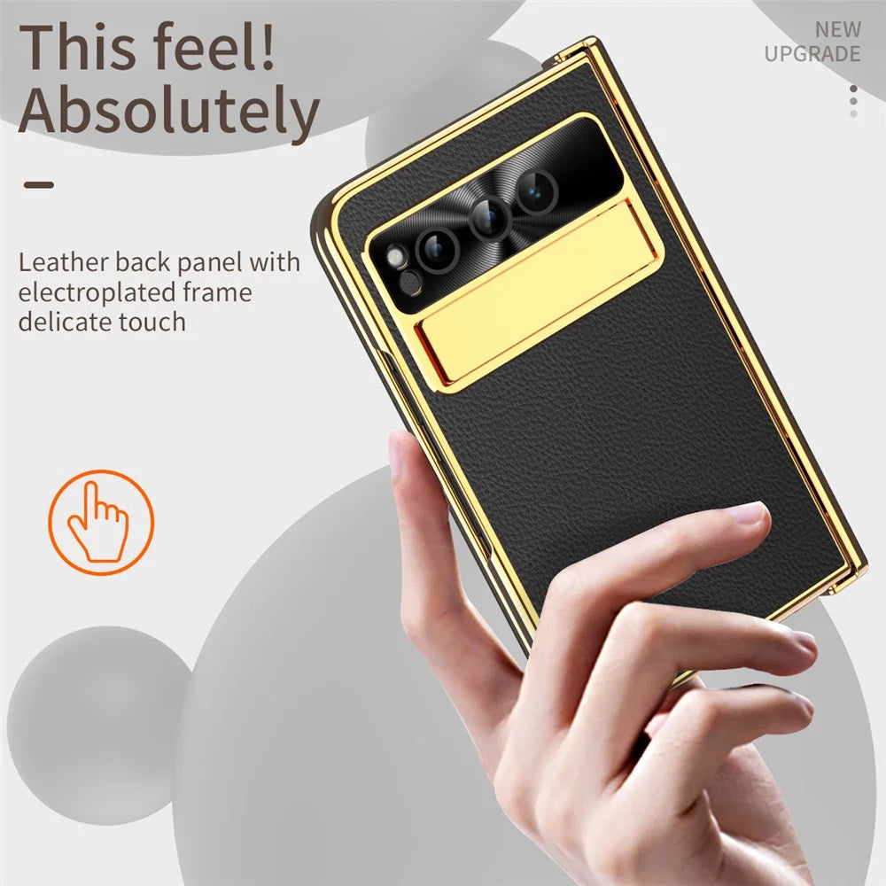 For Google Pixel Fold Litchi Texture Kickstand Phone Cover PU Leather+PC Magnetic Hinge Protection Case with Tempered Glass Screen Film - Black - 4