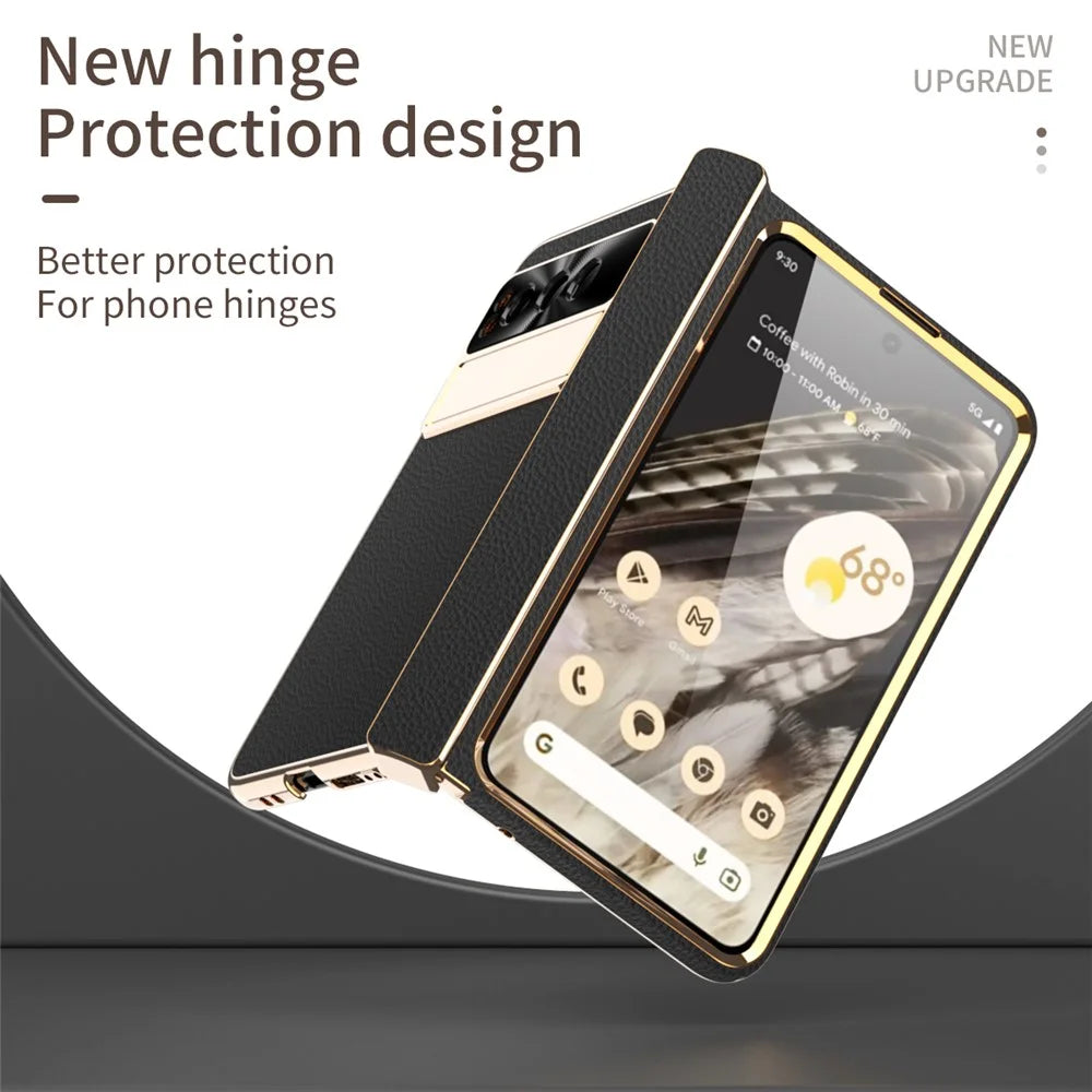 For Google Pixel Fold Litchi Texture Kickstand Phone Cover PU Leather+PC Magnetic Hinge Protection Case with Tempered Glass Screen Film - Black - 5