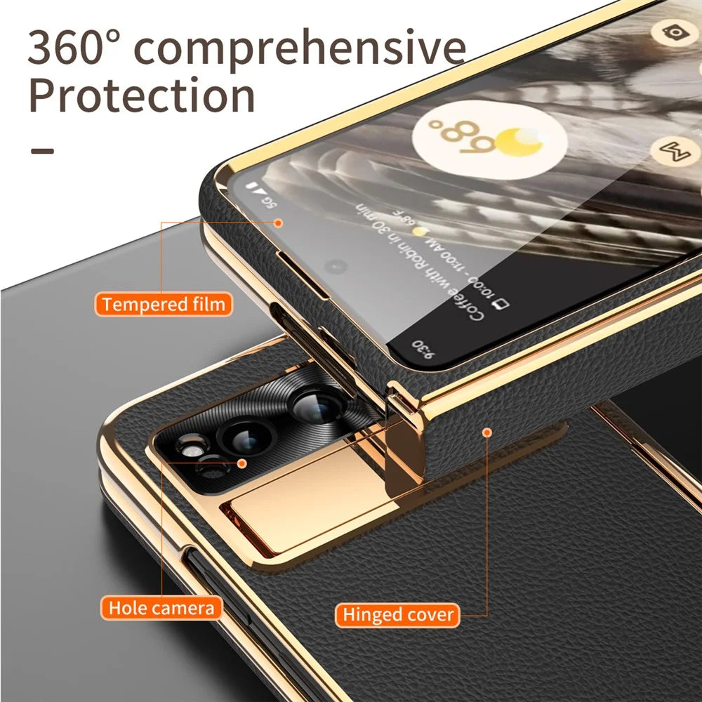 For Google Pixel Fold Litchi Texture Kickstand Phone Cover PU Leather+PC Magnetic Hinge Protection Case with Tempered Glass Screen Film - Black - 6