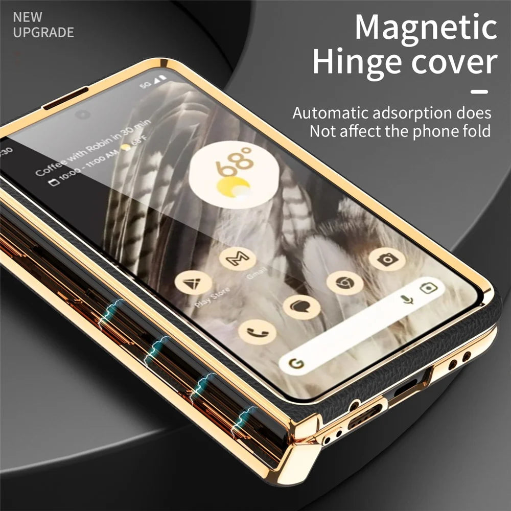 For Google Pixel Fold Litchi Texture Kickstand Phone Cover PU Leather+PC Magnetic Hinge Protection Case with Tempered Glass Screen Film - Black - 7