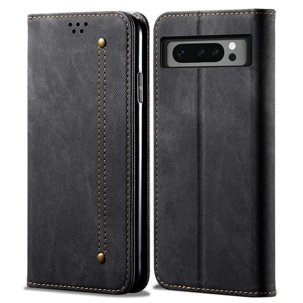For Google Pixel 8 Pro PU Leather Wallet Stand Case Jeans Cloth Texture Phone Cover - Black - 1