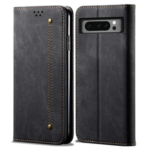 For Google Pixel 8 Pro PU Leather Wallet Stand Case Jeans Cloth Texture Phone Cover - Black - 1