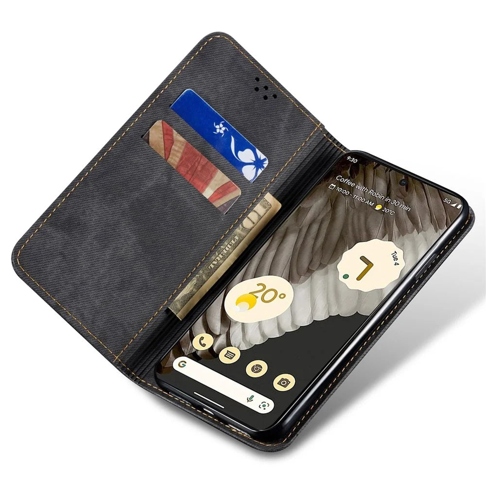 For Google Pixel 8 Pro PU Leather Wallet Stand Case Jeans Cloth Texture Phone Cover - Black - 2