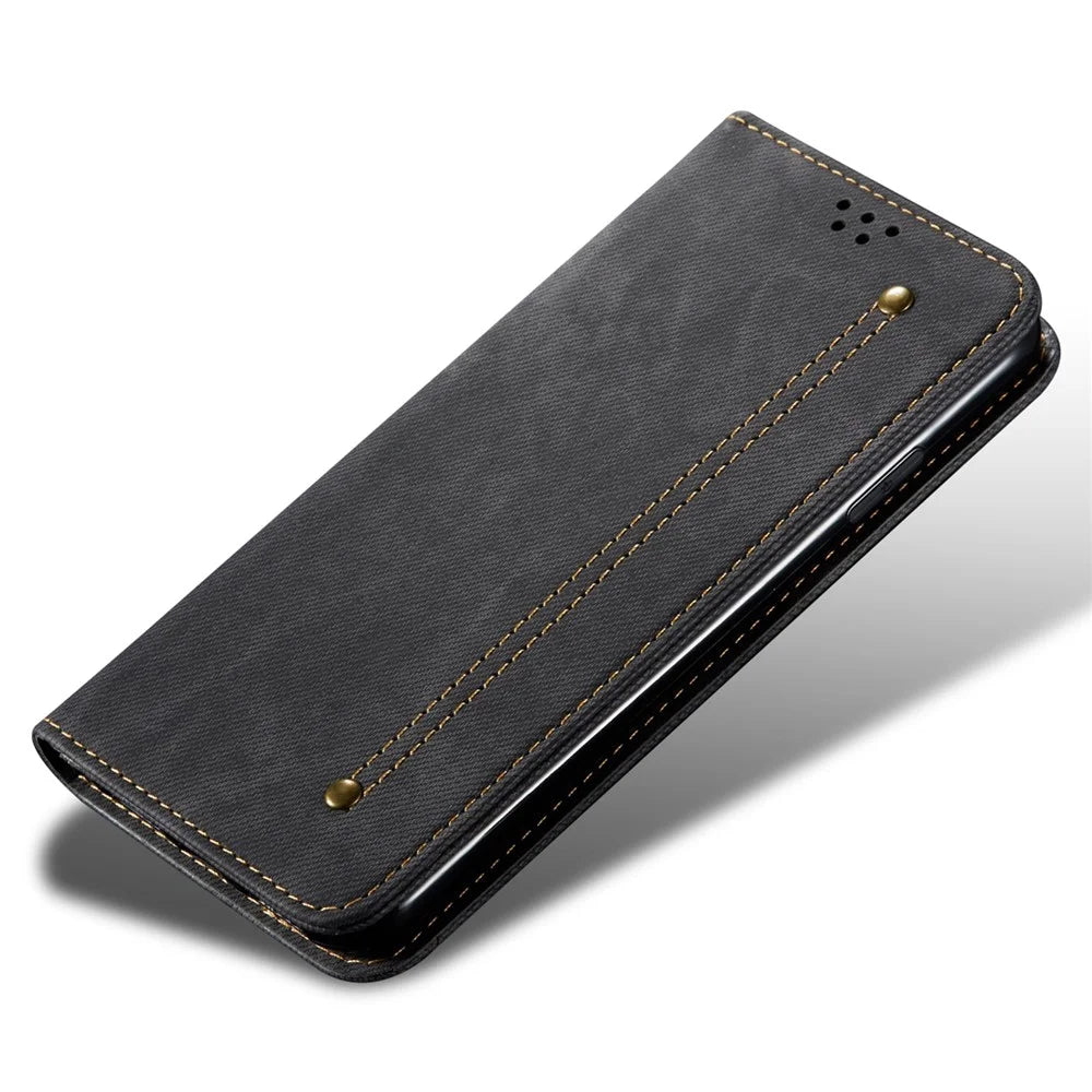 For Google Pixel 8 Pro PU Leather Wallet Stand Case Jeans Cloth Texture Phone Cover - Black - 4