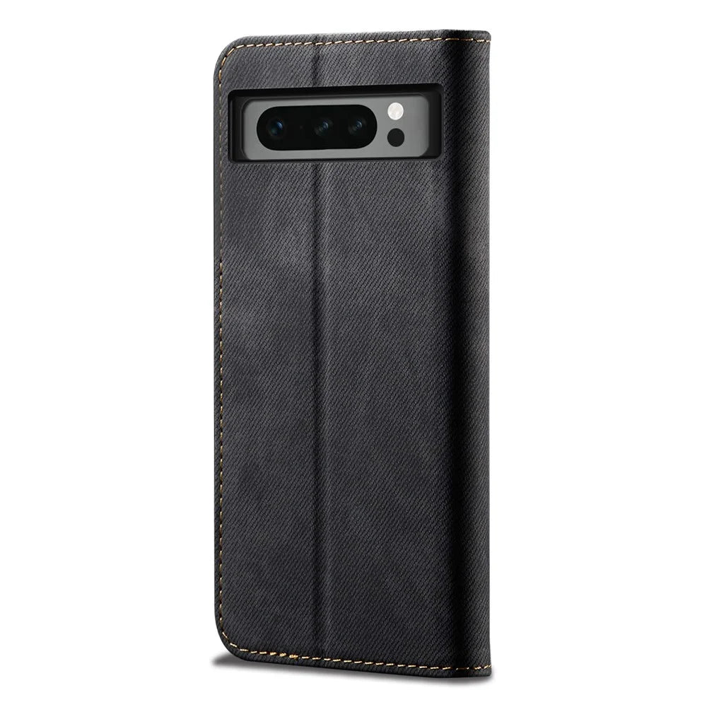 For Google Pixel 8 Pro PU Leather Wallet Stand Case Jeans Cloth Texture Phone Cover - Black - 6