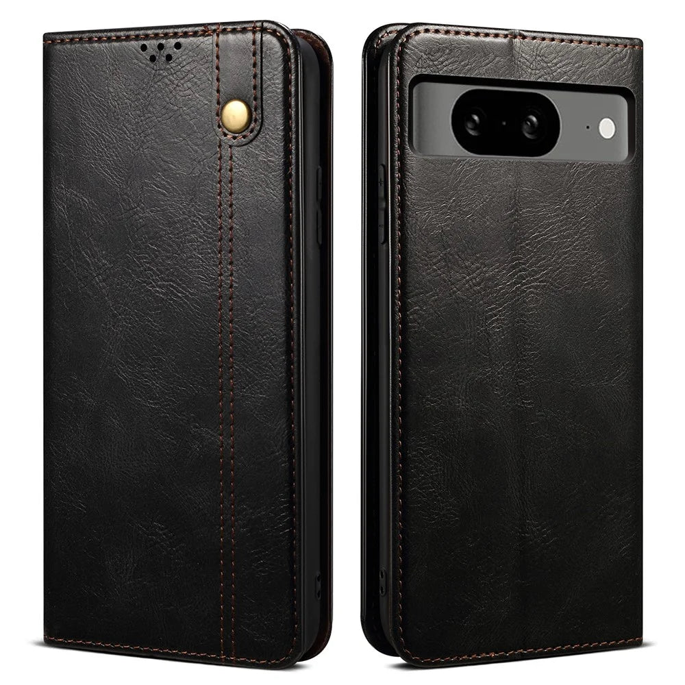 For Google Pixel 8 Phone Cover Waxy Crazy Horse Texture Leather Stand Wallet Case - Black - 1