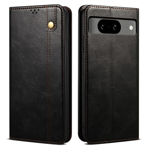 For Google Pixel 8 Phone Cover Waxy Crazy Horse Texture Leather Stand Wallet Case - Black - 1