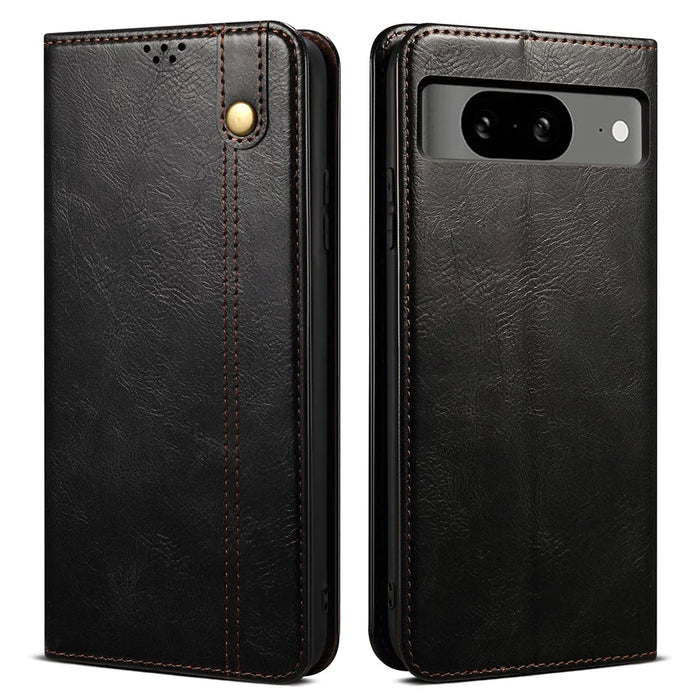 For Google Pixel 8 Phone Cover Waxy Crazy Horse Texture Leather Stand Wallet Case - Black - 1