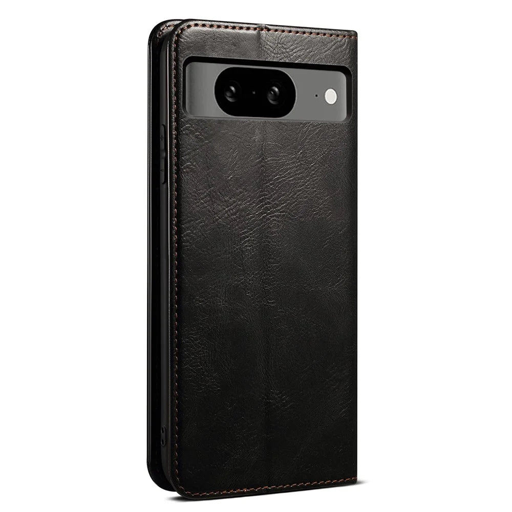 For Google Pixel 8 Phone Cover Waxy Crazy Horse Texture Leather Stand Wallet Case - Black - 7