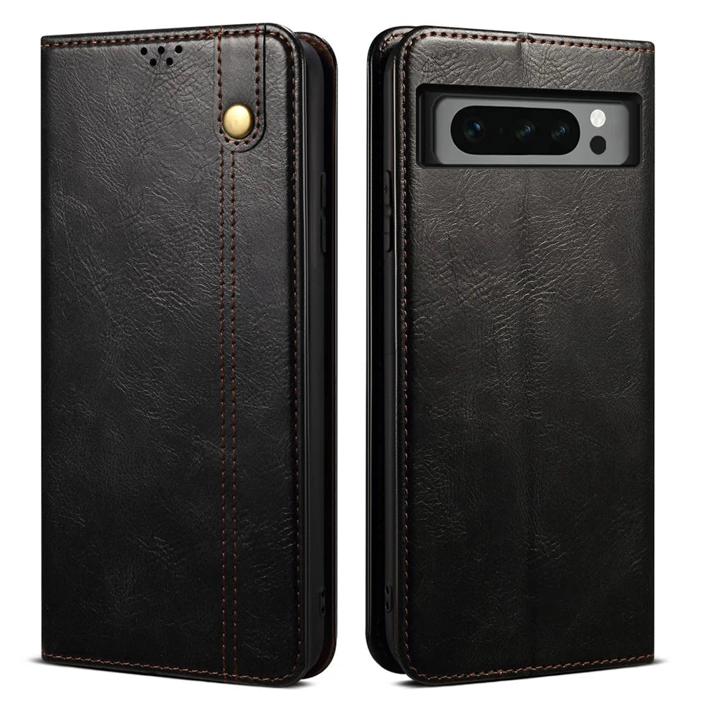 For Google Pixel 8 Pro Waxy Crazy Horse Texture Leather Wallet Case Flip Stand Phone Cover - Black - 1