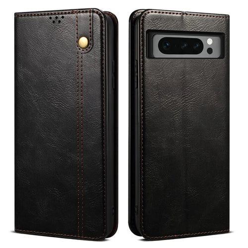 For Google Pixel 8 Pro Waxy Crazy Horse Texture Leather Wallet Case Flip Stand Phone Cover - Black - 1