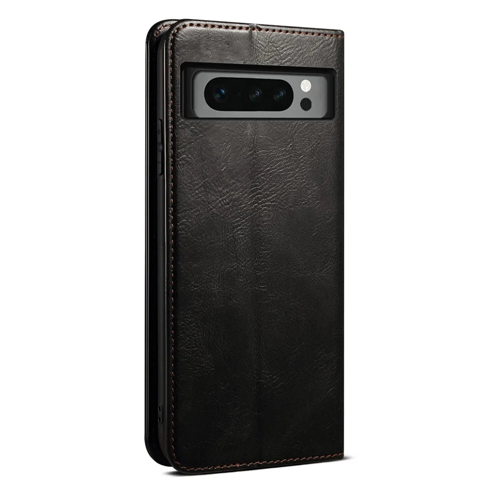 For Google Pixel 8 Pro Waxy Crazy Horse Texture Leather Wallet Case Flip Stand Phone Cover - Black - 7