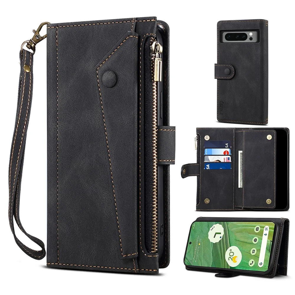 ESEBLE Star Series RFID Blocking Wallet Case for Google Pixel 8 Pro , Zipper Pocket PU Leather Stand Phone Cover - Black - 1