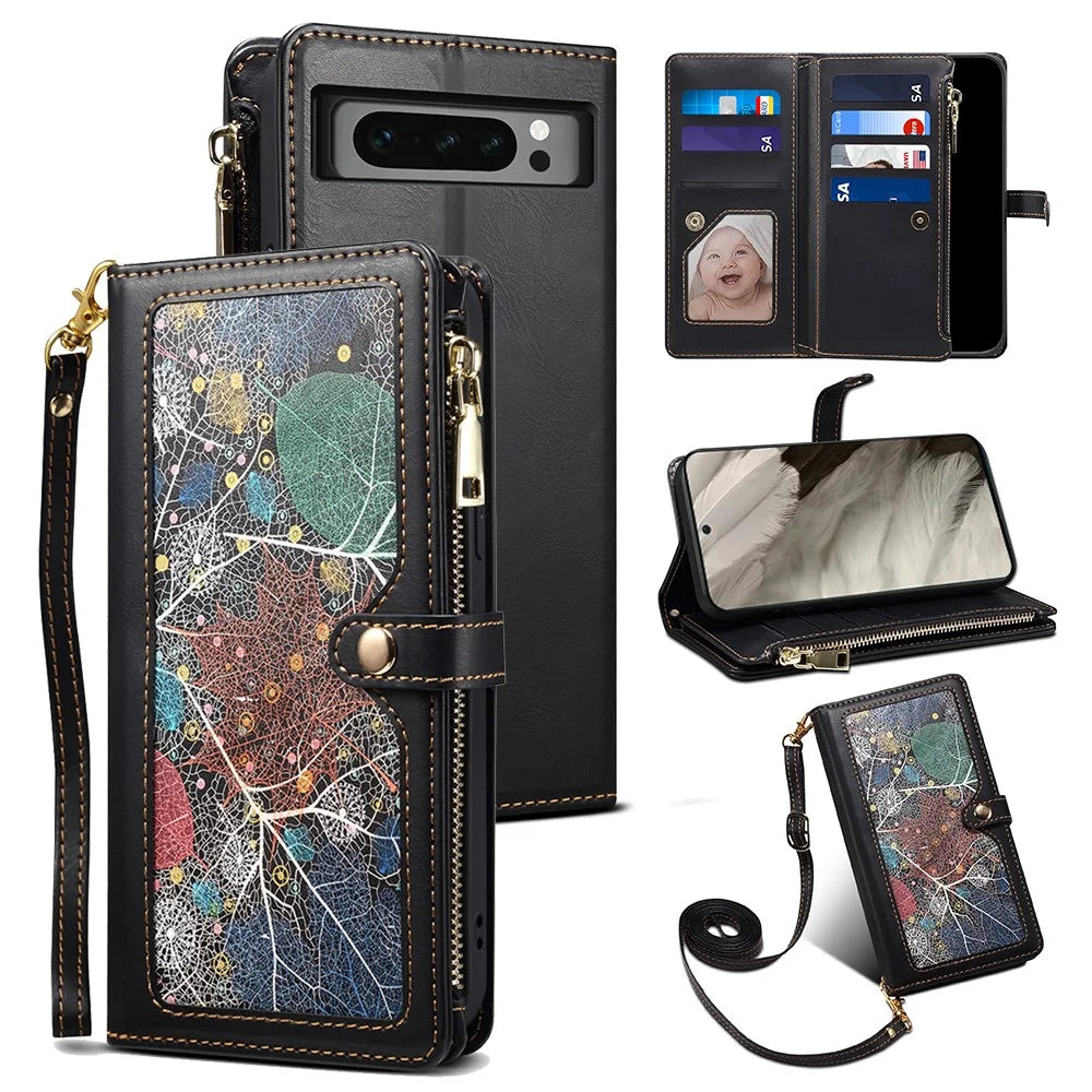 ESEBLE for Google Pixel 8 Pro Wallet Stand Phone Case Zipper Pocket RFID Blocking Leather Phone Cover - Black - 1