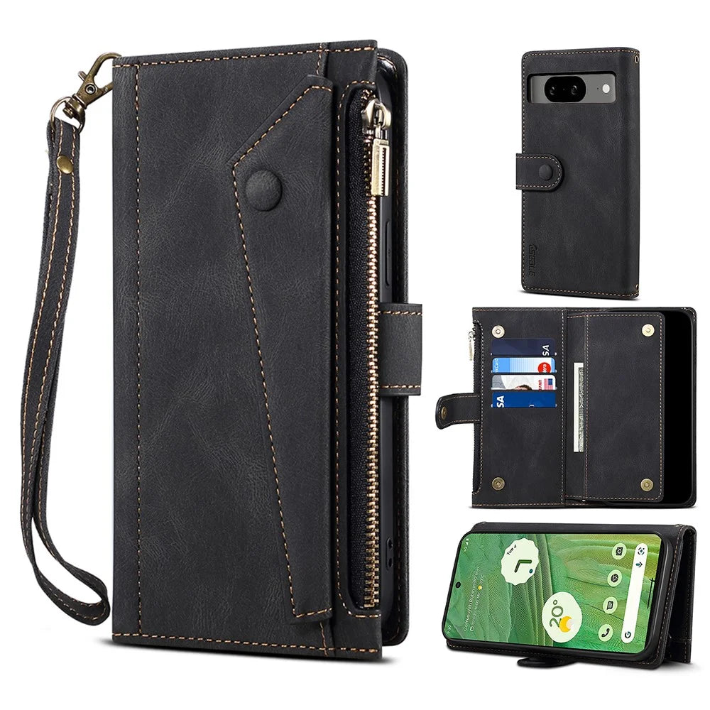 ESEBLE Star Series Leather Phone Case for Google Pixel 8 , Zipper Pocket Wallet RFID Blocking Phone Stand Cover - Black - 1