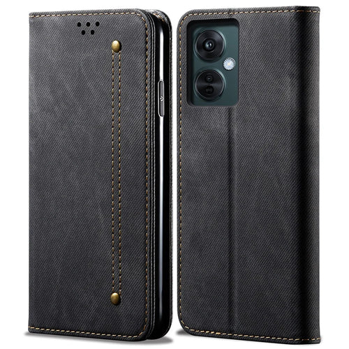 For OnePlus Nord CE 3 Lite 5G / Nord N30 5G / Oppo K11x 5G Leather Wallet Case Anti-scratch Jeans Cloth Texture Phone Stand Cover - Black - 1