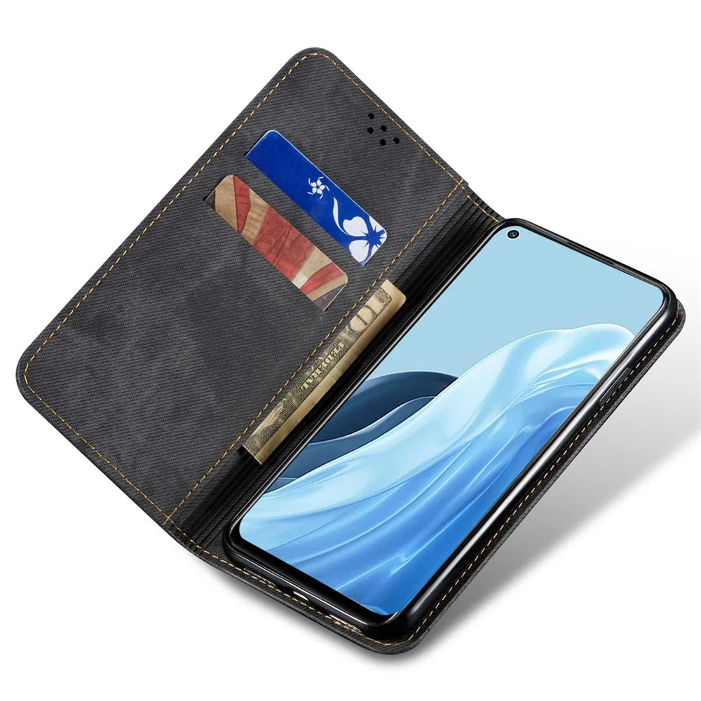 For OnePlus Nord CE 3 Lite 5G / Nord N30 5G / Oppo K11x 5G Leather Wallet Case Anti-scratch Jeans Cloth Texture Phone Stand Cover - Black - 2